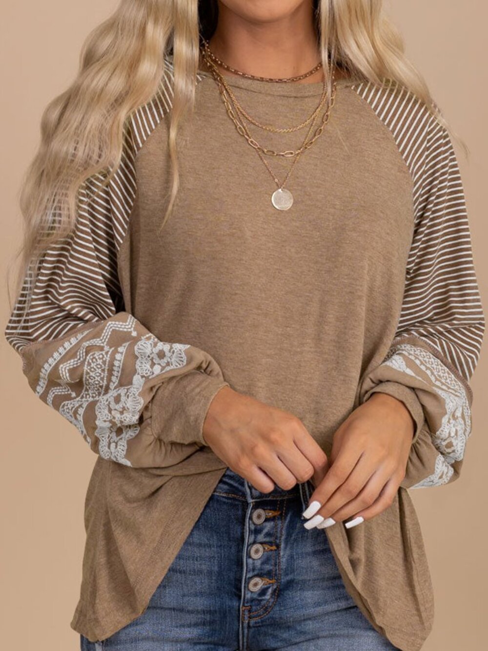NWOT Striped Sleeve Taupe Pullover Top